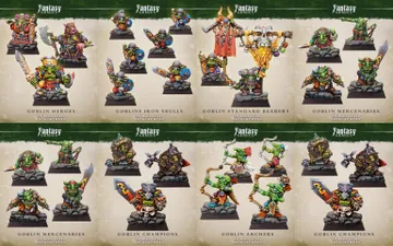A collection of colorful goblin miniatures is displayed, featuring various character types including heroes, champions, standard bearers, and Iron Skulls. Each miniature is intricately designed, showcasing unique details and poses, with vibrant colors that highlight their personalities. The bottom section includes goblin archers and mercenaries, all presented on 25mm square bases, emphasizing their role in a fantasy warband or army.