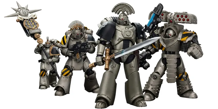 A squad of Iron Warriors action figures is displayed, showcasing four distinct figures in detailed armor. The figures feature a metallic gray color scheme, with one prominently holding a power sword, while another is equipped with a bolter. Each figure is articulated and designed with intricate details, including unique helmets and weaponry, reflecting their roles within the squad.