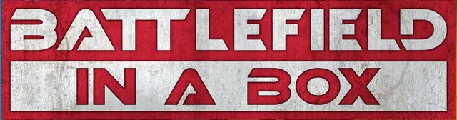 A bold graphic features the text "BATTLEFIELD IN A BOX" prominently displayed in large, stylized letters. The background is a textured red, contrasting with the white and silver elements of the text. The overall design conveys a strong, dynamic feel, suitable for a tabletop gaming context.