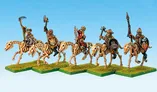 A lineup of five skeletal cavalry figures is displayed, each riding skeletal horses. The riders are equipped with various weapons, including a scythe, axe, and spear, and wear distinct armor featuring skull motifs and shields. The base of each figure is set on a grassy terrain, enhancing the old-school fantasy aesthetic. The background is a gradient of light blue, emphasizing the figures in the foreground. This collection showcases a dynamic and thematic representation of undead warriors.