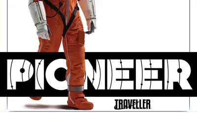 An astronaut in an orange space suit walks confidently, showcasing a sleek helmet and metallic arm attachments. The background features bold text stating "P-MINUS 07 DAYS" above the word "PIONEER," which is prominently displayed in a stylized font. The overall design conveys a sense of urgency and excitement for the upcoming space exploration RPG.