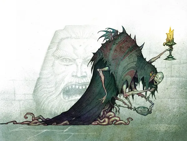Green dragon-like creature with tentacles, holding a mask and sword.
