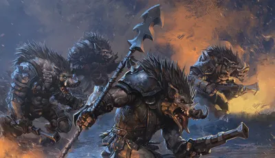 A group of fierce, anthropomorphic boars clad in rugged armor and wielding weapons, including a large, spiked spear, charge forward in a dynamic battle scene. Their muscular forms are accentuated by spiky fur and menacing expressions, showcasing their readiness for combat. In the background, additional boars can be seen, adding to the chaotic atmosphere of the illustration, which features dark, smoky tones and hints of fiery orange, suggesting a tumultuous battlefield.