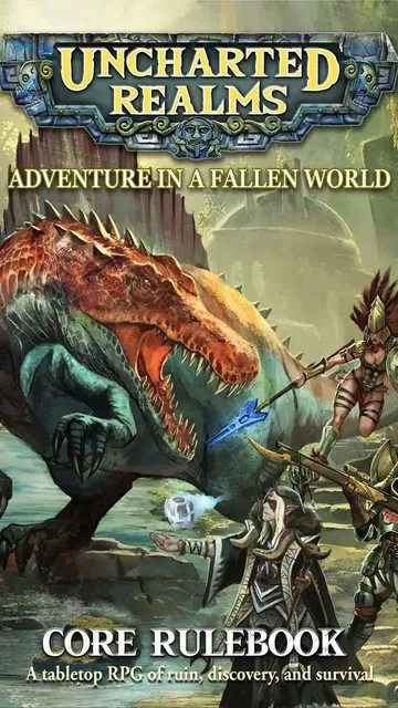 Cover art for a tabletop RPG showing a large, armored dinosaur-like creature attacking three armored adventurers near rocky ruins. One adventurer wields a spear, another a sword, and a third holds a glowing orb.