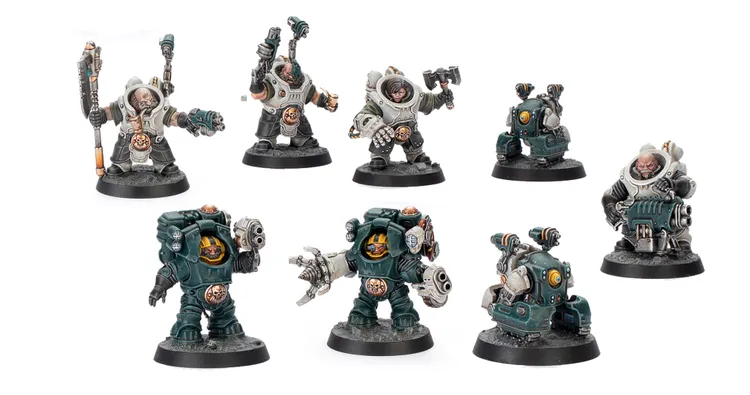 A collection of miniatures from the Necromunda universe features various Ironhead Squats, showcasing their distinct designs and equipment. The figures include two Exo Masters, two Charter Masters, two Drill Masters, and two Techmite Autoveyors, all intricately detailed with a mix of armor and tools. The miniatures are set against a simple gray base, emphasizing their colorful and unique features.