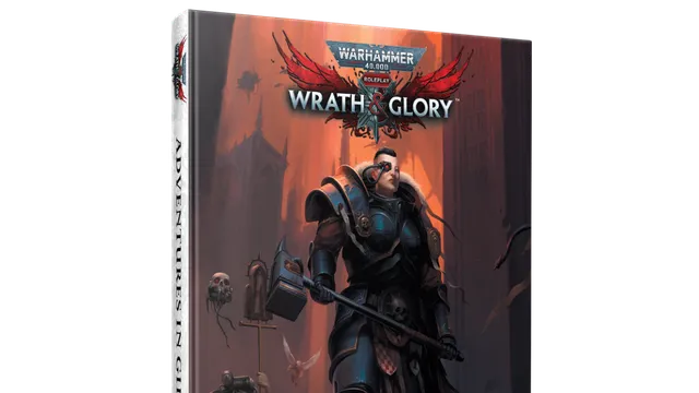 A physical book titled "Adventures in Gilead" for Warhammer 40,000 Roleplay: Wrath & Glory is prominently displayed, featuring a striking cover illustration. The cover depicts a heavily armored character wielding a large hammer, standing in a dark, ominous environment filled with shadowy figures and gothic architecture. The title and logo are clearly visible at the top, with the subtitle "Adventures in Gilead" featured prominently at the bottom.