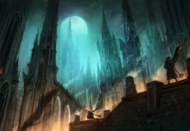 Gothic cityscape with tall spires under a full moon.