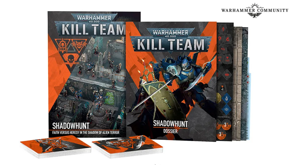 The image features the new "Kill Team: Shadowhunt" set, prominently displaying two rulebooks titled "SHADOWHUNT" and "SHADOWHUNT DOSSIER." The covers showcase dynamic artwork, including a battle scene with miniatures and characters from the Adepta Sororitas and Chaos Space factions. In the foreground, several datacards are visible, featuring vibrant orange and black designs, alongside a textured game board with various symbols and numbers.