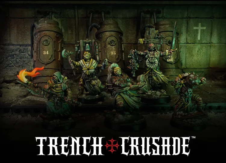 A group of detailed miniatures from the Trench Crusade game is displayed, featuring characters from the Carcass Front narrative campaign. The figures are dressed in tattered robes and wield various weapons, including a flaming torch and an axe, set against a dark, industrial backdrop with large, cylindrical machinery. The scene conveys a grimdark atmosphere, emphasizing the conflict between the opposing warbands, the Procession of the Sacred Affliction and Heretic Naval Raiders.