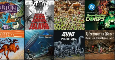 Six tabletop game covers: Zombicide, village scene, Green Lantern, Dino World, Pocket Nautilus, Hieronym.