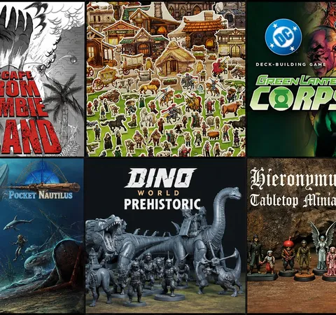 Six tabletop game covers: Zombicide, village scene, Green Lantern, Dino World, Pocket Nautilus, Hieronym.