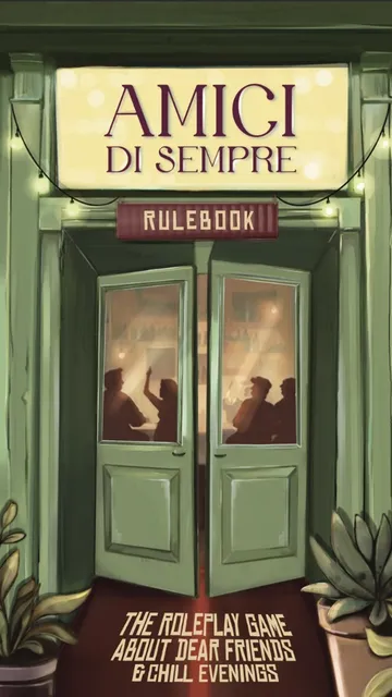 A green double door with glass panels, slightly ajar, showing silhouettes of people inside a dimly lit room. Above the door, a backlit sign reads "AMICI DI SEMPRE" in large, elegant letters, with a smaller sign below it reading "RULEBOOK" in bold, red letters. The door is framed by green curtains, and decorative plants with large leaves flank the base of the door.