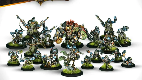 A collection of miniatures from the Southern Kriels Kithguard Army for Warmachine, featuring various trollkin jungle fighters. Prominent figures include Lead Captain Grimtusk, a fierce warlock, and Chomper, a dire troll, alongside Captain Grindstone and several infantry units. The miniatures are detailed, showcasing vibrant colors and dynamic poses, set against a simple background that highlights their intricate designs.