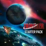 Traveller Starter Pack text with a planet, two spaceships, and a red nebula.