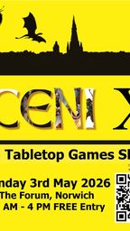 A bright yellow poster announces the 10th Diceni Tabletop Games Show, featuring bold black text that reads "DICENI X" at the top. Below, details include the date, "Sunday 3rd May 2026," and the location, "The Forum, Norwich," with event hours from 10 AM to 4 PM and a note that entry is free. The design includes a silhouette of a dragon and other fantasy elements, along with a QR code for additional information.