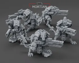 A group of five armored cyberrats is displayed, showcasing intricate details in their design. Each rat is equipped with distinctive rifles, featuring both long and short barrels, and is adorned with various mechanical components and armor plating. The models are presented in a gray, unpainted finish, highlighting their sci-fi aesthetic and the craftsmanship involved in their sculpting.