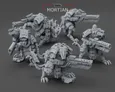 A group of five armored cyberrats is displayed, showcasing intricate details in their design. Each rat is equipped with distinctive rifles, featuring both long and short barrels, and is adorned with various mechanical components and armor plating. The models are presented in a gray, unpainted finish, highlighting their sci-fi aesthetic and the craftsmanship involved in their sculpting.
