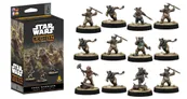 A box for the "Ewok Warriors Unit Expansion" from Star Wars: Legion features vibrant artwork of Ewoks in a forest setting. The box displays five detailed miniature figures of Ewoks, each with unique poses and weapons, including one wielding a spear and another holding a log. The packaging includes multilingual text and the Star Wars: Legion logo prominently featured.