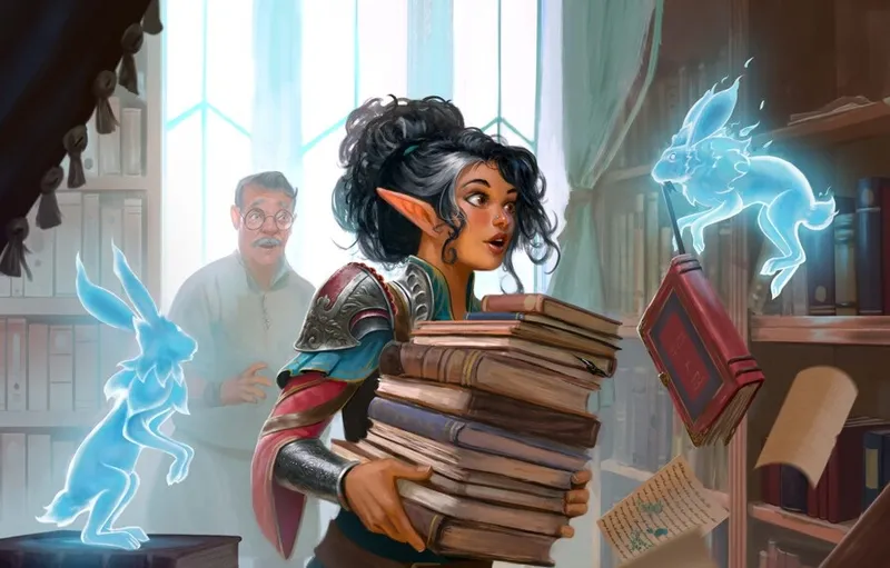 Young woman with dark, wavy hair streaked with gray, wearing a teal top and a brown and gold armored pauldron on her left shoulder. She is holding a large stack of leather-bound books in both arms. Her expression is one of surprise or concern. Behind her, an older man with gray hair, glasses, and a mustache gestures with his right hand while holding a small object in his left. He wears a light blue collared shirt.

In the background, a translucent blue map or fantasy illustration is visible, partially showing a landmass with glowing blue highlights. To the right, a hand holds an open red book with a visible illustration of a fantastical creature. Another hand holds a rolled parchment tied with a ribbon. The setting appears to be indoors, near a window with light blue curtains.
