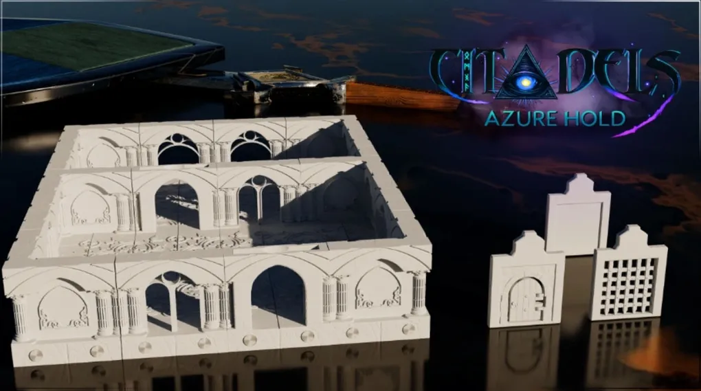 A set of modular dungeon tiles is displayed, featuring intricately designed pieces in a non-PVC material, showcasing a combination of walls and structures. The tiles include a larger piece with arched doorways and decorative elements, alongside smaller components such as a door and various wall sections. The background features the text "CITADELS AZURE HOLD," set against a dark, atmospheric backdrop.