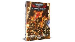 A physical edition of "Warhammer 40,000: Wrath & Glory, Vow of Absolution" is displayed, featuring a striking cover illustration. The artwork depicts Astartes warriors in battle, with one prominently wielding a sword and a banner, set against a fiery backdrop. The title "VOW OF ABSOLUTION" is clearly visible at the bottom, along with the "Wrath & Glory" logo at the top.