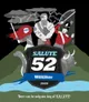 A stylized graphic for Salute 52 features a central shield with the text "SALUTE 52" prominently displayed, flanked by the words "SOUTH LONDON WARLORDS" and the year "2025." Surrounding the shield are four characters: a warrior with a sword and shield, a bagpiper, a soldier in a red coat, and a woman with red hair and a blue mask. In the background, there are elements like a dinosaur and a Highland cow, set against a dramatic sky with lightning. The bottom of the image includes the phrase, "There can be only one day of SALUTE!"