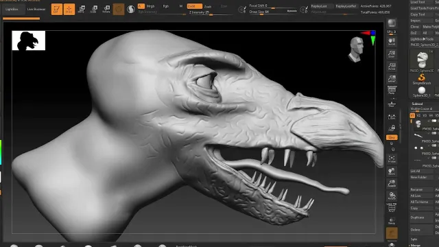 A close-up view of a digital sculpting project in ZBrush, showcasing a stylized dinosaur head. The model is primarily in a gray, untextured state, highlighting the intricate details of the scales and facial features, including a prominent eye and sharp teeth. The interface of ZBrush is visible at the top, displaying various sculpting tools and settings.