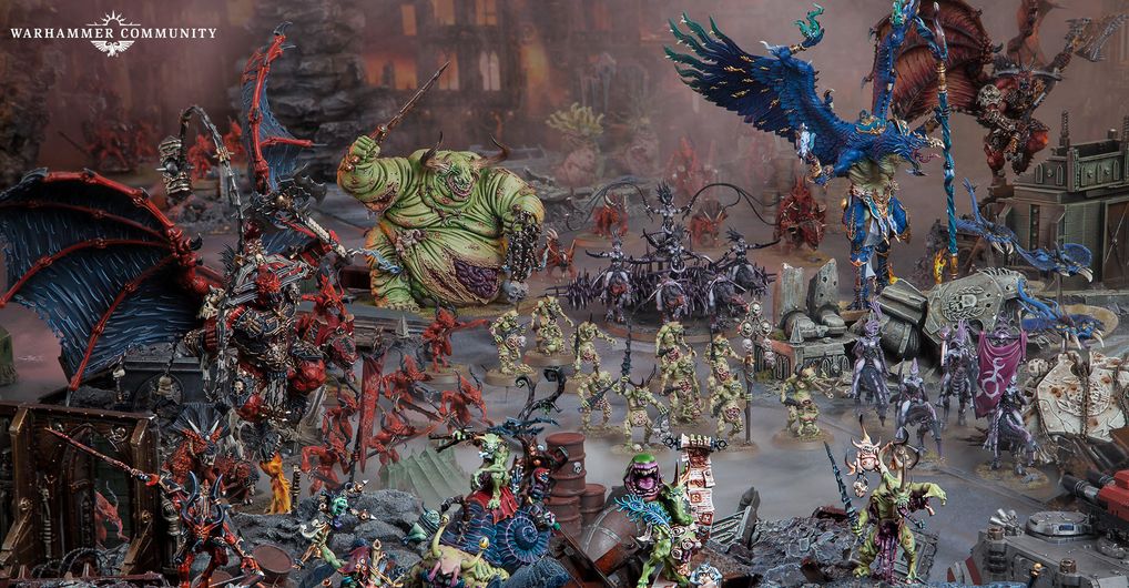 A dynamic scene showcases a variety of Warhammer miniatures representing the forces of Chaos. Prominently featured is a large, green-skinned figure, the Lord of Poxes, wielding a weapon and surrounded by smaller, grotesque Nurgle-themed models. In the foreground, red-armored Khorne warriors and other chaotic entities are depicted, set against a backdrop of ruined structures and a smoky atmosphere, emphasizing the dark and chaotic nature of the 41st millennium.