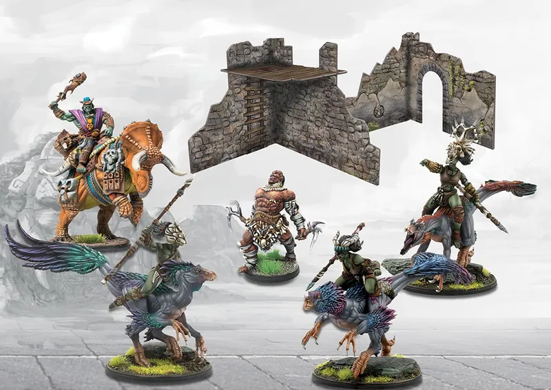 Stone ruins with wooden platform, six fantasy warriors on bases, some mounted on creatures.