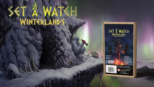 A rocky, snow-covered cliffside is depicted, with a mystical aurora borealis illuminating the sky in shades of green and purple. In the foreground, a box for the "Set a Watch: Winterlands" expansion is prominently displayed, featuring dark fantasy artwork that includes shadowy figures and a menacing creature. The title "SET A WATCH WINTERLANDS" is boldly presented at the top, emphasizing the game's theme and expansion details.