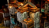 Miniature sci-fi cityscape with interlocking modular cubes. Buildings feature intricate metal paneling, pipes, and industrial details. Two small figures in futuristic armor stand on rooftops. Warm lighting highlights a central structure. No visible text.