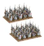 A group of high-elf miniatures is displayed, featuring two distinct ranks of warriors. The figures are adorned in elegant white and blue armor, with intricate gold detailing, and each holds a spear. The front rank includes a character with a staff, while the back rank consists of numerous soldiers, all standing on a textured base that resembles grass.