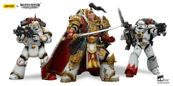 A detailed action figure of Jaghatai Khan stands on the right, adorned in ornate armor with intricate gold detailing, holding a sword. To the left, a Tactical Marine in Mk III power armor is posed with a firearm, featuring a skull motif and a red backpack. Both figures are set against a simple background, showcasing their impressive craftsmanship and articulation.