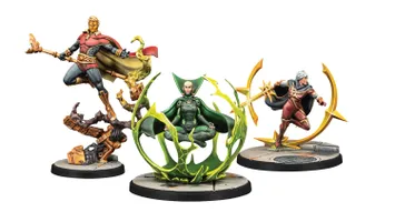 The image features three miniatures from Marvel: Crisis Protocol. On the left, Adam Warlock stands in a dynamic pose, wielding a staff and wearing a red and blue costume with a flowing cape. To the right, Moondragon is depicted seated in a meditative pose, surrounded by a green, swirling energy effect, dressed in a green suit. Both miniatures are mounted on circular bases, with intricate details highlighting their cosmic themes.
