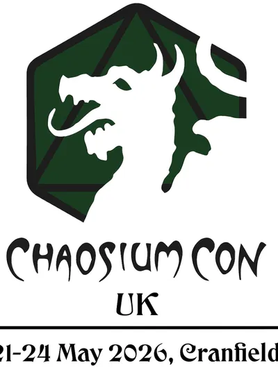 A logo for Chaosium Con UK features a stylized dragon's head in white, set against a dark green hexagonal background with a geometric design. Below the dragon, the text "CHAOSIUM CON" is prominently displayed in a bold, artistic font, with "UK" beneath it. The dates "21-24 May 2026" and the location "Cranfield" are included at the bottom in a simpler font.
