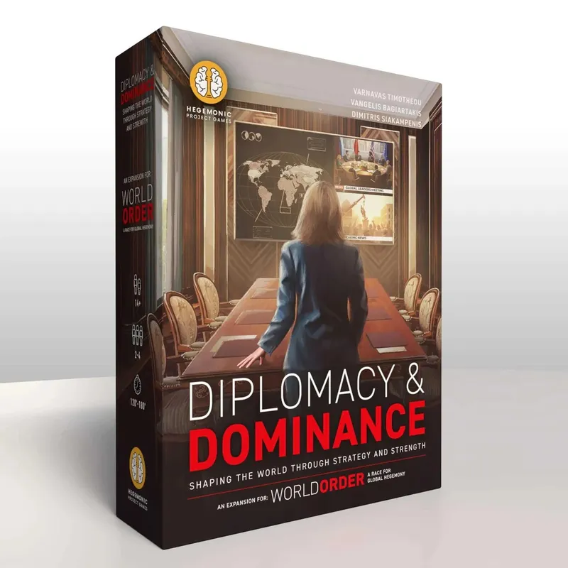 Diplomacy & Dominance game box, woman in suit at conference table, world map on screen.