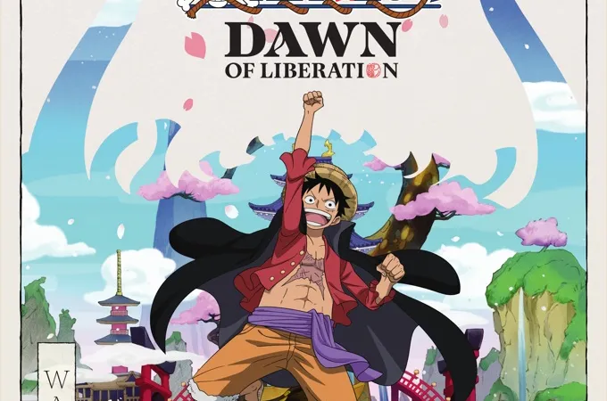 A vibrant illustration features a character from One Piece, wearing a straw hat and a red open shirt, joyfully raising one arm in celebration. The background depicts a colorful Wano landscape with traditional Japanese architecture, including pagodas and bridges, surrounded by lush greenery and pink clouds. The title "ONE PIECE: DAWN OF LIBERATION" is prominently displayed at the top, along with details indicating the game is for 1-4 players, has a playtime of 180 minutes, and is suitable for ages 14 and up.