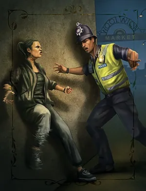 Police officer in yellow vest and helmet gestures toward seated woman in dark clothing.