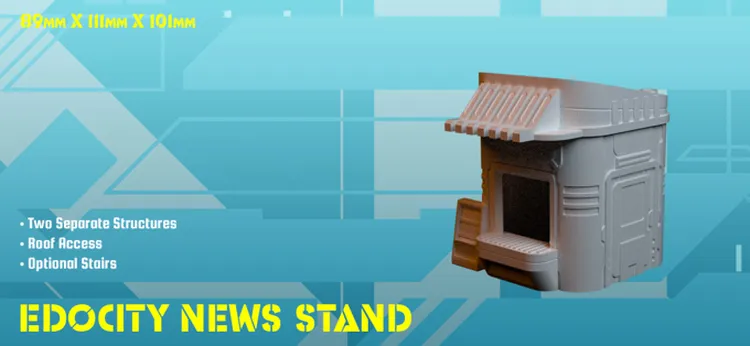 A small, detailed model of the EdoCity News Stand, featuring a sloped roof and an open front, is displayed against a light blue background. The structure is designed to represent a news kiosk and includes features such as roof access and optional stairs. Text on the image highlights its dimensions (89mm x 111mm x 101mm) and notes that it can be used as two separate structures.