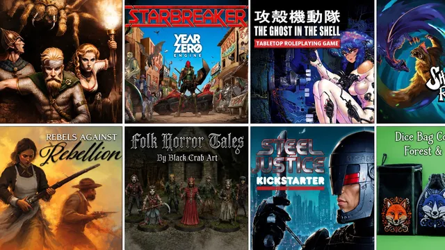 Top left: STARBREAKER, YEAR ZERO ENGINE, street scene with armed figures.
Top right: THE GHOST IN THE SHELL, woman with blue hair and cybernetic body.
Bottom left: Folk Horror Tales, miniatures of robed figures.
Bottom right: STEEL