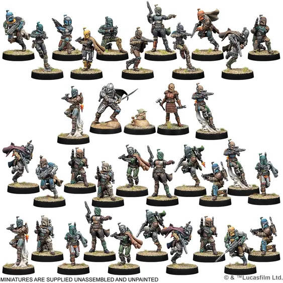 A collection of unpainted miniatures from the Star Wars: Legion game features various Mandalorian characters, including warriors in distinctive armor and weapons. The figures are arranged in a grid, showcasing a mix of poses and stances, with some holding blasters and others wielding melee weapons. Notably, a small Grogu miniature is included among the larger figures, adding a unique touch to the set.