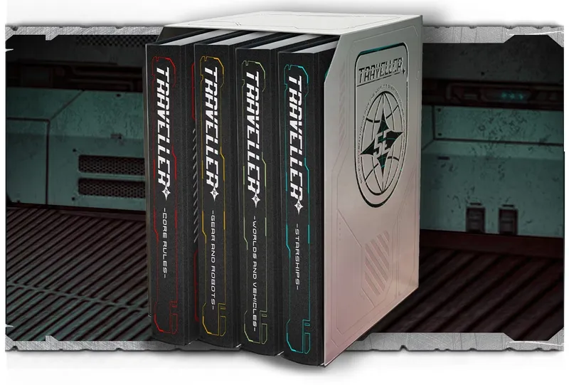 Four hardcover books from the Traveller tabletop roleplaying game are displayed, housed in a sleek metal slipcase. The books are titled "Core Rules," "Gear and Robots," "Worlds and Vehicles," and "Starships," each featuring distinct colored accents on a black background. The slipcase is adorned with a logo and design elements that evoke a sci-fi aesthetic, set against a backdrop that suggests a futuristic environment.