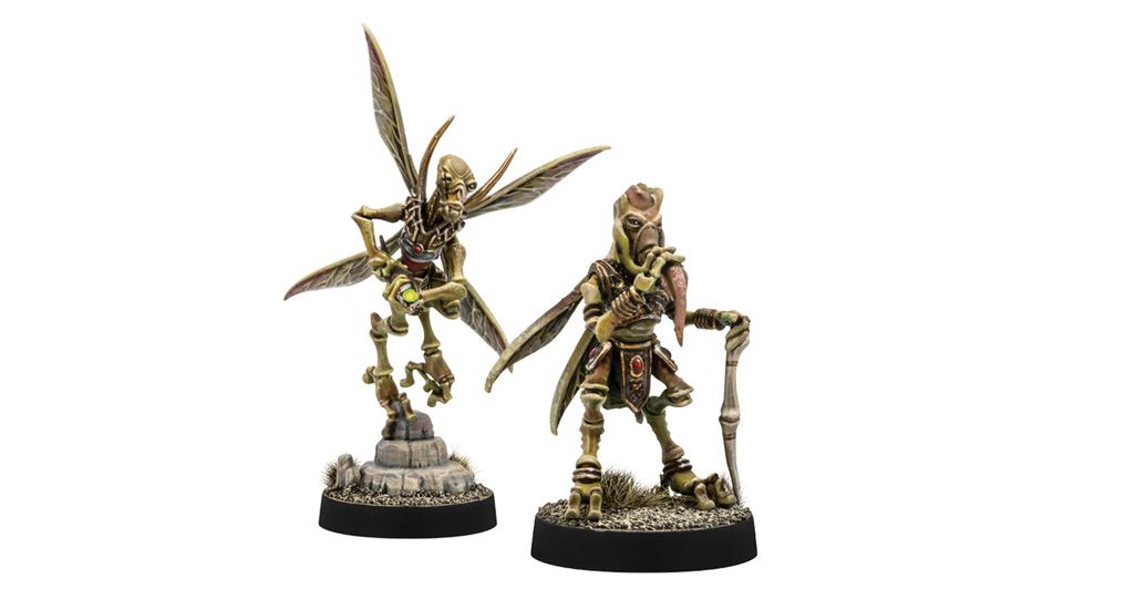 Two miniatures from the Star Wars universe are displayed: on the left, a Geonosian with large, translucent wings is posed mid-flight, while on the right, another Geonosian stands confidently, holding a staff and wearing ornate armor. Both figures are intricately detailed, showcasing their unique features and textures, and are mounted on circular bases with a rocky terrain design.