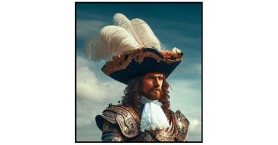 A man dressed in elaborate historical attire stands against a dramatic sky. He wears a large, ornate hat adorned with white feathers and intricate gold detailing, complemented by a ruffled white cravat and a richly decorated coat. His long hair cascades over his shoulders, adding to the regal appearance.