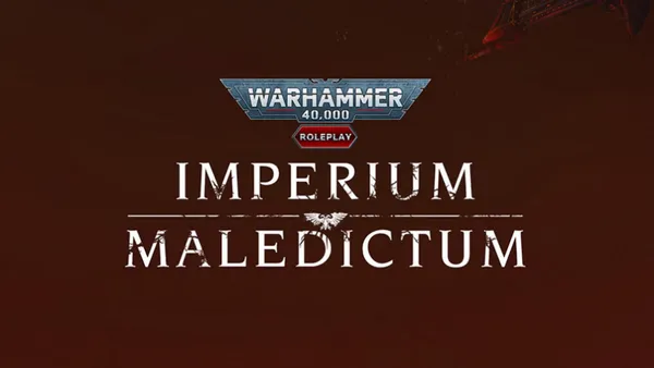 The image features the title "IMPERIUM MALEDICTUM" prominently displayed in bold, white lettering against a dark red background. Above the title, the "WARHAMMER 40,000" logo is showcased in a metallic blue and silver design, with the word "ROLEPLAY" highlighted in a red hexagon. The overall aesthetic conveys a sense of ominous grandeur, fitting for the Warhammer 40,000 universe.