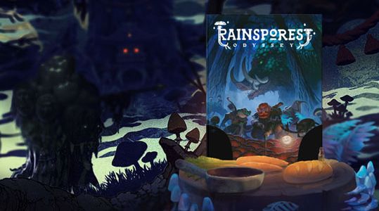 A vibrant, illustrated cover for the game "Rainspores: Odyssey" is prominently displayed in the center, featuring whimsical characters and a lush, fantastical forest backdrop. The scene is filled with oversized mushrooms and a dark, shadowy figure in the background, adding an element of mystery. The color palette includes deep blues and greens, creating an enchanting atmosphere that invites exploration.