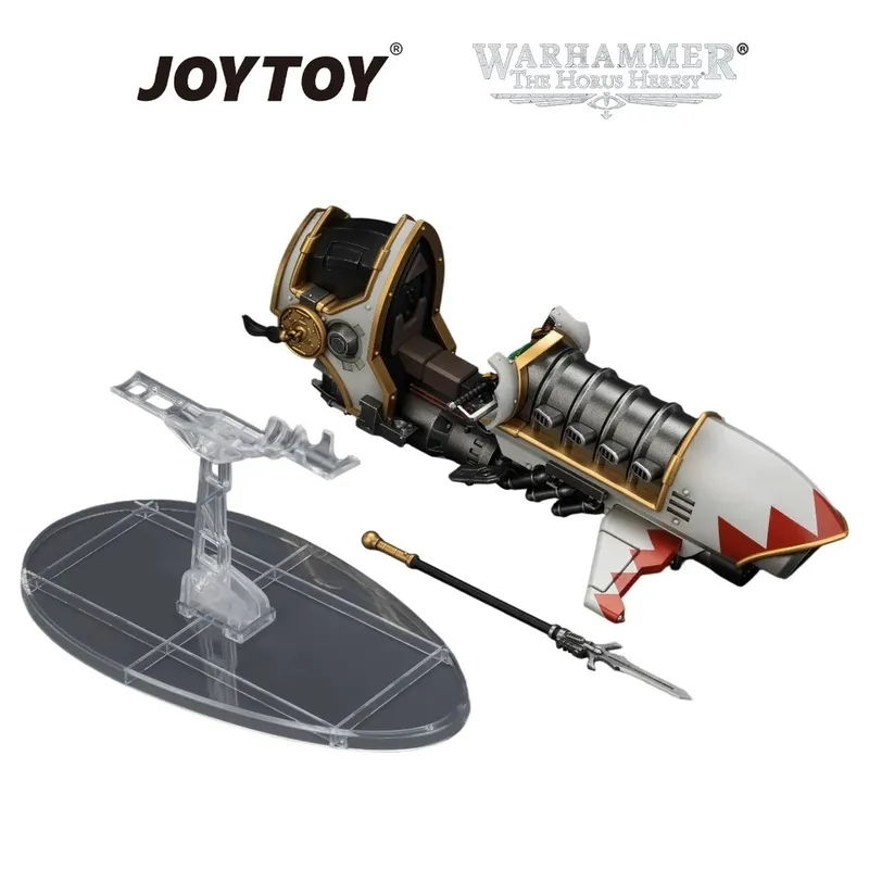 A white and gold jetbike with red fins on a clear stand, a spear beside it. Text: JOYTOY WARHAMMER The Horus Heresy