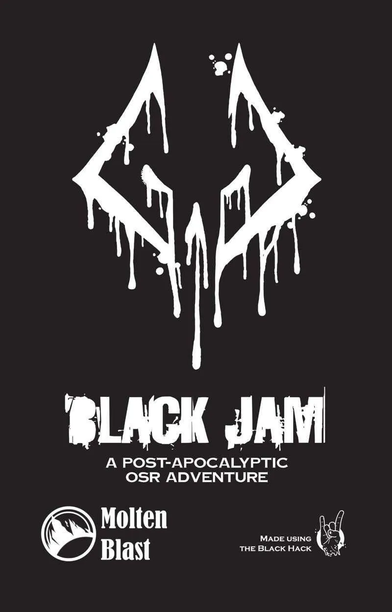 Stylized white line-art illustration on a black background depicting two skeletal hands gripping each other by the wrist. Below the hands, bold white capital letters read "BLACK JAM." Underneath, smaller white text reads "A POST-APOCALYPTIC OSR ADVENTURE."