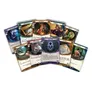 A collection of Arkham Horror: The Card Game cards is displayed, featuring various character and item illustrations. Prominent cards include "Cloak of Resonance," "Sharp Rhetoric," and "Cosmic Flame," each showcasing unique artwork and game mechanics. The cards are arranged in a fan shape, highlighting their diverse abilities and roles within the game.