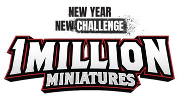 The image features bold, stylized text that reads "MILLION MINIATURES" prominently in the center, with a dynamic design that includes sharp edges and a black and red color scheme. Above this, the phrases "NEW YEAR" and "NEW CHALLENGE" are displayed in a smaller font, emphasizing a fresh start or initiative. The overall design conveys excitement and energy, suitable for a gaming or hobby context.
